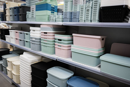 Organized display of various storage boxes in different colors and sizes on shelves