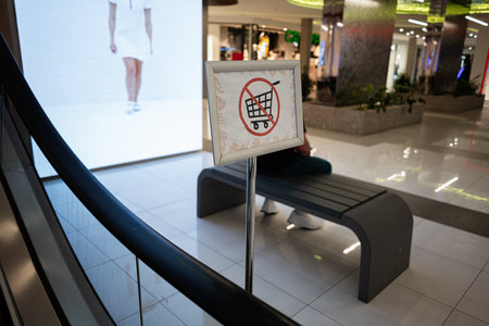 A sign indicating no shopping carts allowed in a stylish shopping event space.