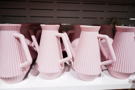 Multiple pink clay jugs with handle designs placed on display shelvesの写真素材