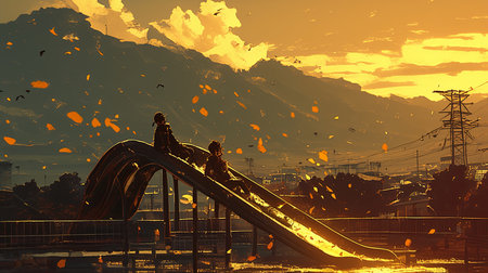 Silhouetted friends enjoying play on a slide during a golden, serene eveningの素材