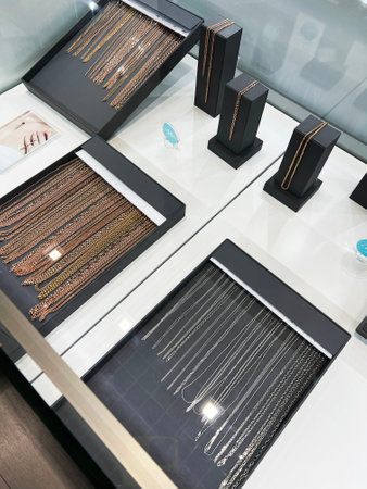 Showcasing various gold and silver chains displayed in an organized jewelry shop setting.
