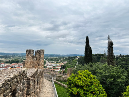 A scenic view of Tomar Castle in Portugal surrounded by greenery and countryside.