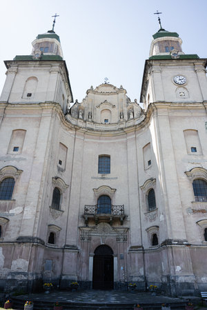 A detailed view of an ornate cathedral church of Saint Anthony and Bernardine Monastery in Zbarazh...