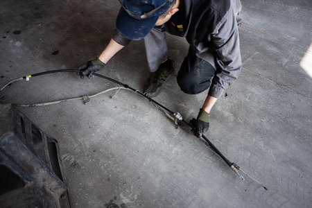 A professional checks automotive handbrake cable on a garage floor, showcasing skilled repair work