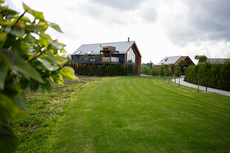 Contemporary house situated in a rural area with landscaped lawn and trees.の写真素材