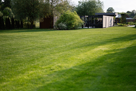Vast green lawn with trees and structures, showcasing a serene and modern landscapeの写真素材
