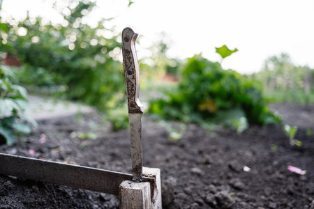 A well-worn knife stands in soil, surrounded by lush greenery and nature.