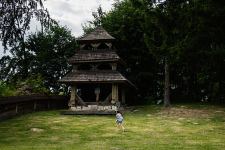 Children exploring near a wooden pavilion in a grassy and forested natural setting.の写真素材