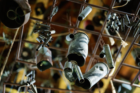 Close-up of metal wind bullet chimes arranged creatively under a structured installation indoors.
