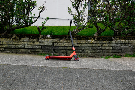 A red scooter parked on a city pathway beside shrubs and stone wall.