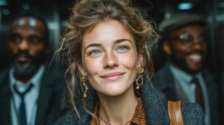 Diverse individuals in an elevator exhibiting happy and relaxed expressions indoors.の素材