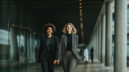 Two businesswomen walk confidently together through a modern hallway, conveying positivity and professionalism.の素材