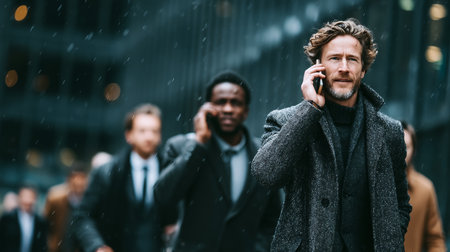 Business professionals walking outside in snowy weather, showcasing diversity and modern communication.の素材