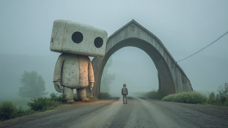 A humanoid robot and a person standing near a wooden barn shrouded in mist.の素材
