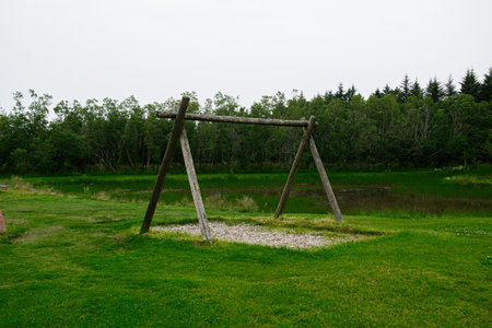 Rustic wooden swing frame on a lush grass park with pond in Icelandの写真素材