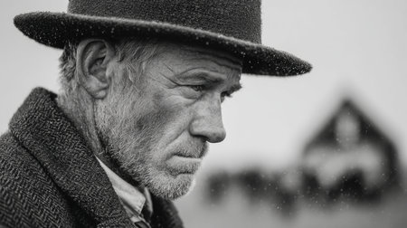 Black and white portrait of an older man wearing a hat in outdoor environmentの素材