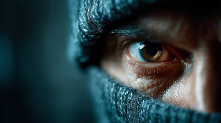 Detailed closeup of thief person's eye beneath a concealing hood, dramatic lightingの素材