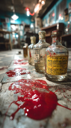 Vintage glass bottles and red liquid spills on tiled floor in atmospheric environmentの素材