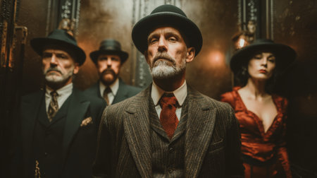 Stylish people in vintage fashion posing seriously with ambient, dim lighting.の素材