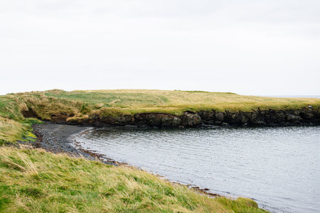 Cliff-lined seashore in Iceland featuring calm waters and vivid grassfields