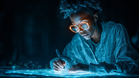 African american student engrossed in learning, utilizing advanced augmented reality tools and holograms.の素材
