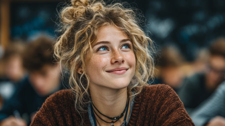 Confident young student sitting during class, with focus on her cheerful expressionの素材