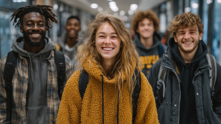 Group of cheerful and diverse students walking together through an academic corridorの素材