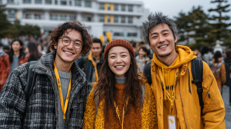 Three college students enjoying a casual day at a vibrant university campus eventの素材