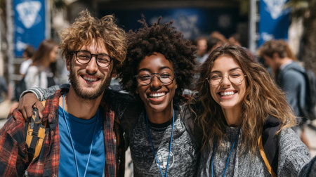 Happy diverse friends enjoying outdoor time bonding and creating cherished memories togetherの素材