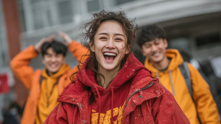 Happy young asian students enjoying their achievement outside, showcasing joy and friendship.の素材