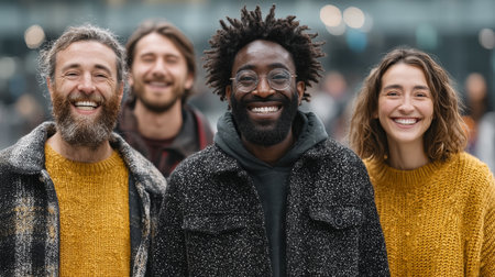 A diverse group of friends enjoying a joyful moment outdoors while smilingの素材