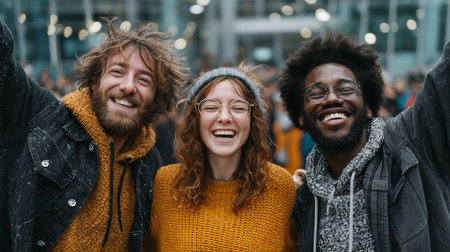 Three diverse friends sharing a joyful moment together in an urban gathering settingの素材