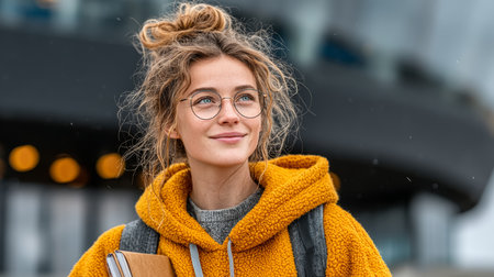 Smiling student outdoors with glasses holding books in a yellow hoodieの素材