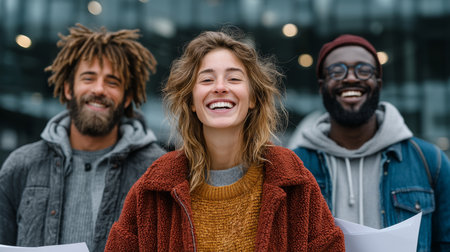 Three diverse individuals share a moment of joy outside a contemporary academic buildingの素材