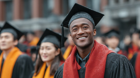 Outdoor celebratory graduation ceremony featuring a happy graduating student in cap and gown.の素材