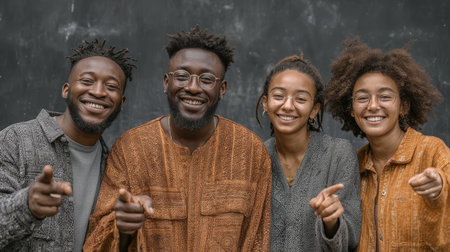 Cheerful group of friends smiling, pointing, and enjoying a shared joyful moment.の素材