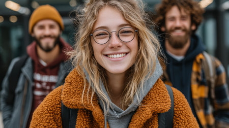 Cheerful group of young friends on a bright sunny day with happy smilesの素材