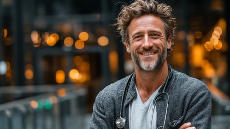 A smiling doctor with a stethoscope, standing in a brightly lit urban locationの素材