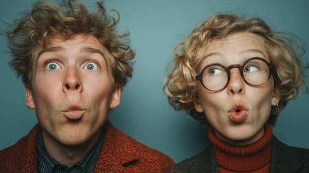 Playful duo puckers lips in a stylish studio portrait with bright, expressive mood and fashion.の素材