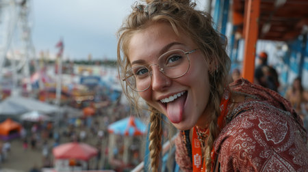Playful portrait of a happy young woman at a crowded outdoor festival, enjoying the moment.の素材