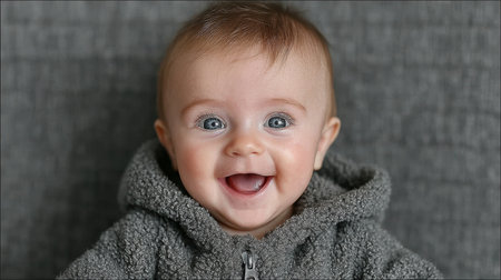 Bright, cheerful baby in gray fleece hoodie smiles for family, lifestyle, and marketing uses.の素材