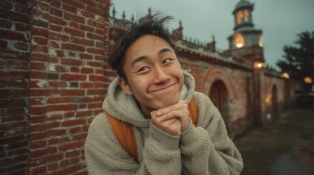 Cheerful young man in a cozy hoodie with backpack poses by a brick wall, smiling warmly.の素材