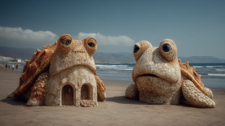 Giant sand frogs sit on a sunlit beach, creating a playful coastal scene with imaginative charm.の素材