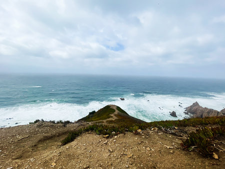 Coastal overlook in Portugal, showing a rugged path, green plants, and turbulent sea.
