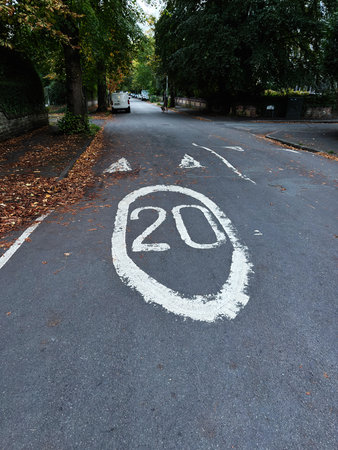 Autumn street in Manchester with a bold 20 speed limit marking along a tree-lined road.