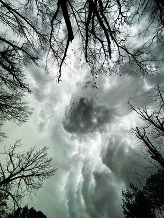 A moody, dramatic sky with dark storm clouds swirls above bare branches, photographed in Indiana.の写真素材