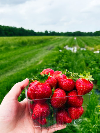 Bright strawberries in a plastic container showcased against a lush green rural field in Indiana.