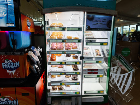 Dublin, Ireland - October 21, 2025: Donuts and pastries arranged in a glass cabinet inside an Irish cafe, showcasing a colorful bakery display.のeditorial素材