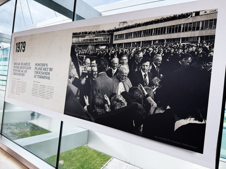 Dublin, Ireland - October 21, 2025: Black and white historical image from Dublin airport showing a crowded terminal during John Paul II papal visit.のeditorial素材