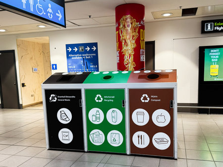 Dublin, Ireland - October 21, 2025: Color coded waste stations for general waste, recycling, and compost at a Dublin airport.のeditorial素材